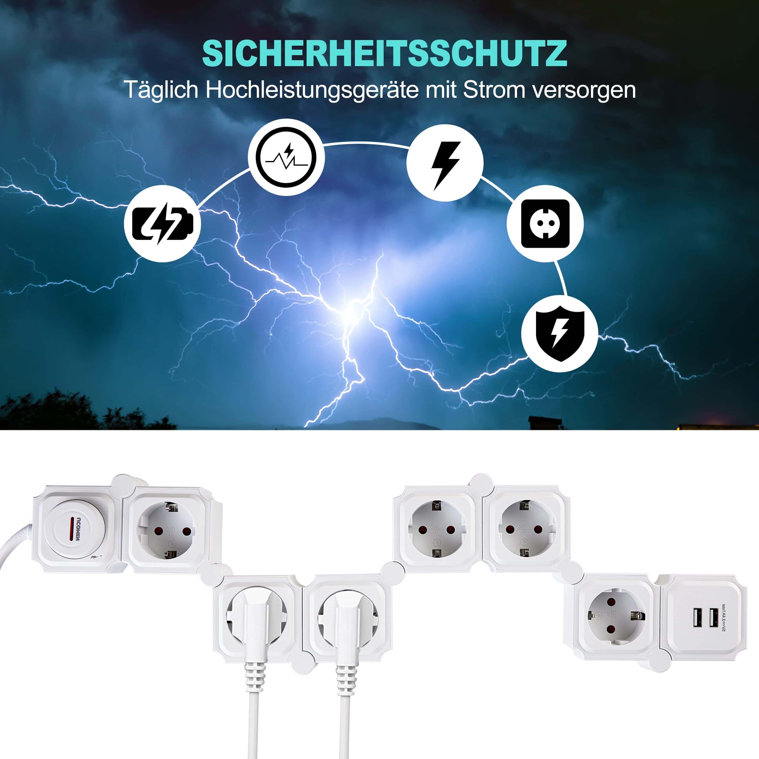 UCOMEN 6-Outlet Power Strip, 180-Degree Rotatable, 2 USB Ports, 3680W 16A, Black&White
