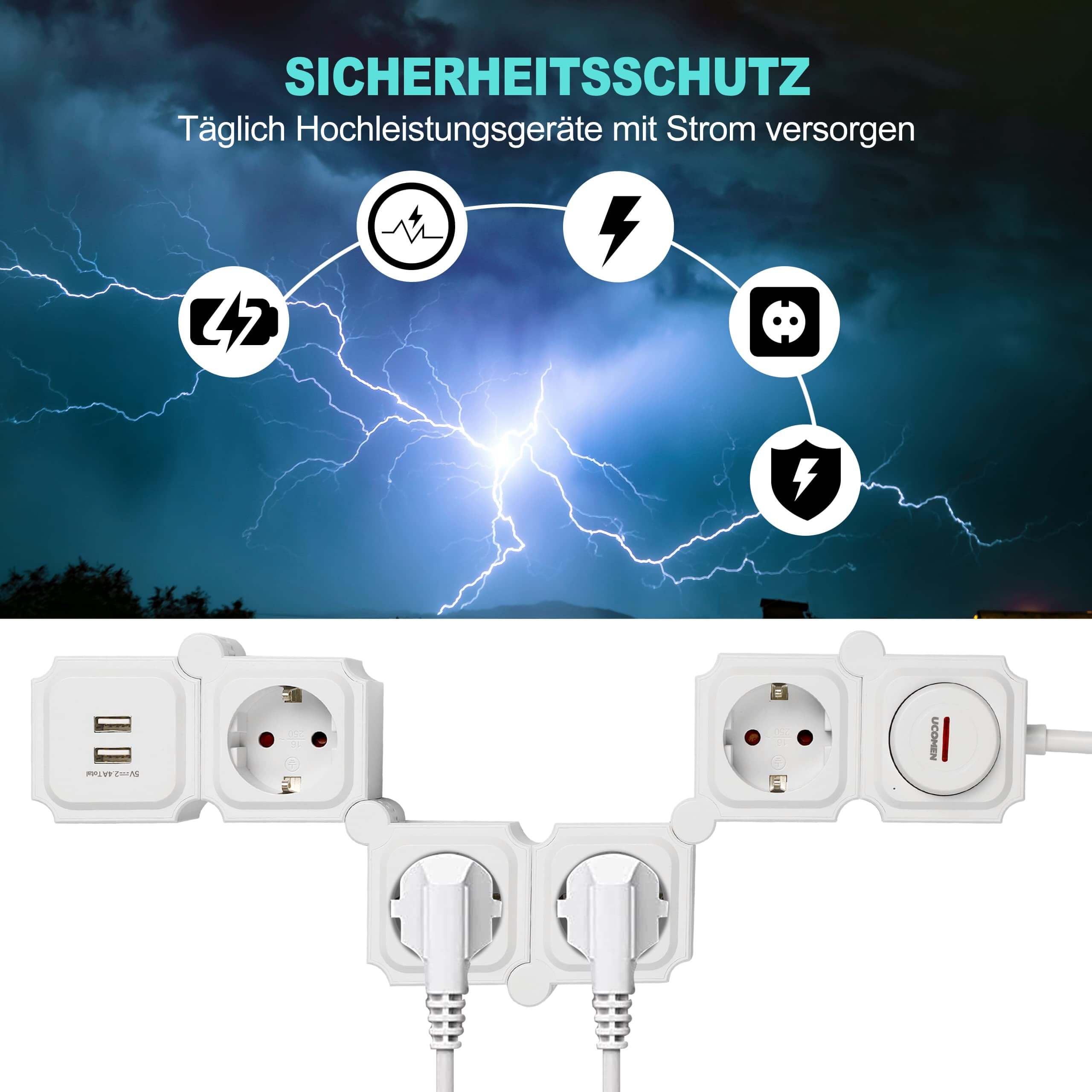 UCOMEN Steckdosenleiste mit 2/4/6 Steckdosen, 180 Grad drehbar, 2 USB-Anschlüsse, 3680 W, 16 A, Schwarzweiß