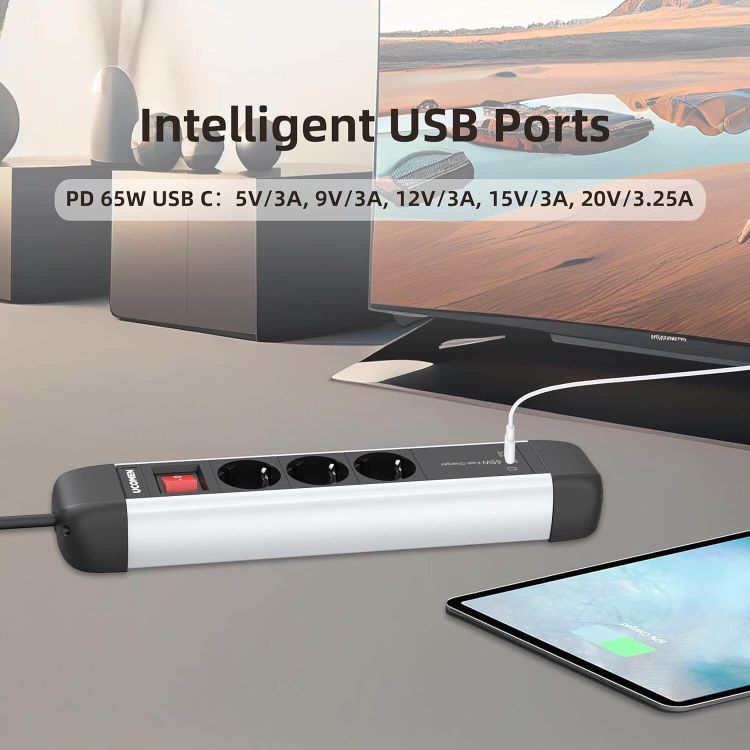 UCOMEN 3-Outlet Power Strip, PD 65W USB C for iPhone, iPad, MacBook Air/Pro, 1.5m Cable, 16A, 3680W