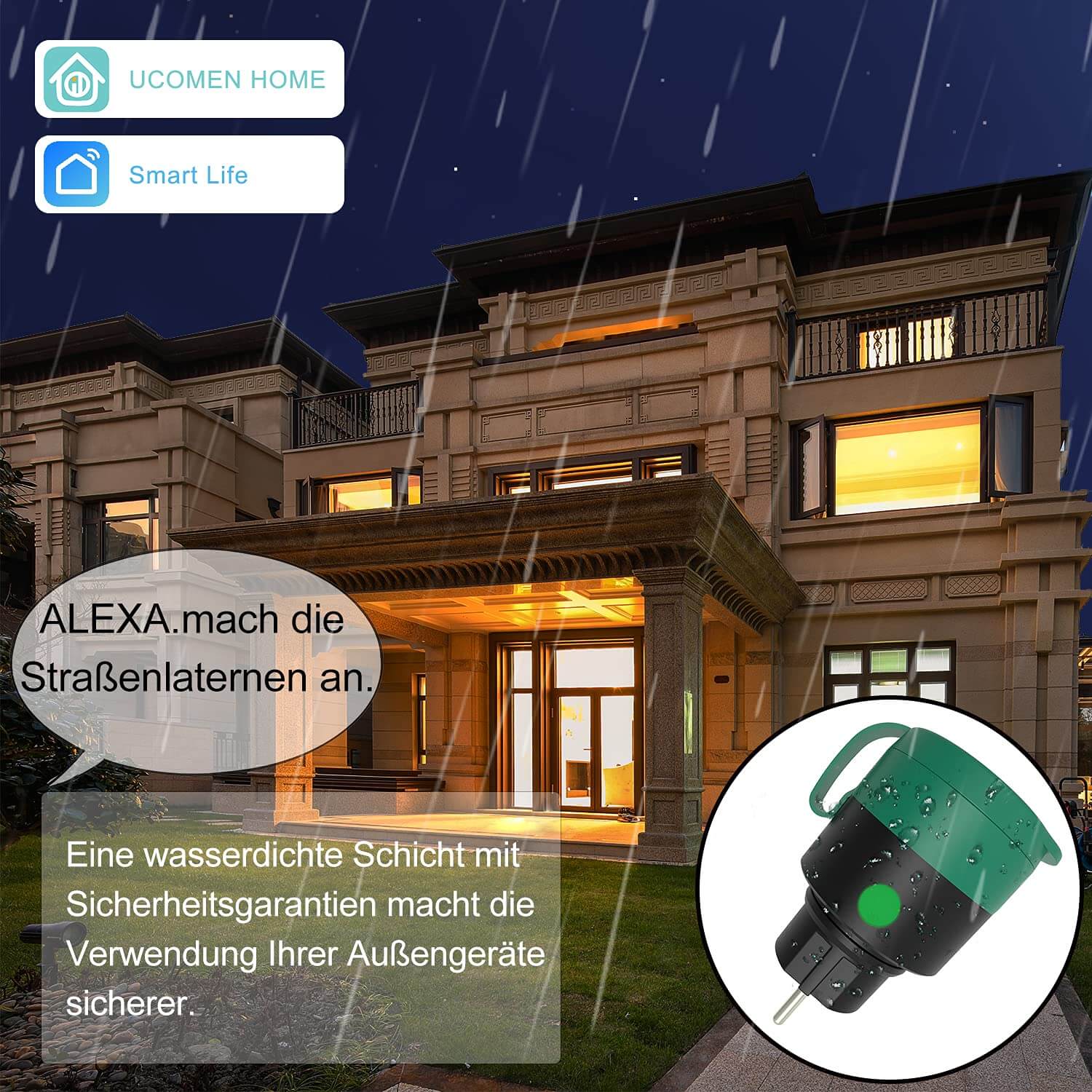 UCOMEN WiFi Socket, IP44 Waterproof, Timer&Voice Control, Compatible with Alexa, Google Home, Smart Life APP, 2.4GHz