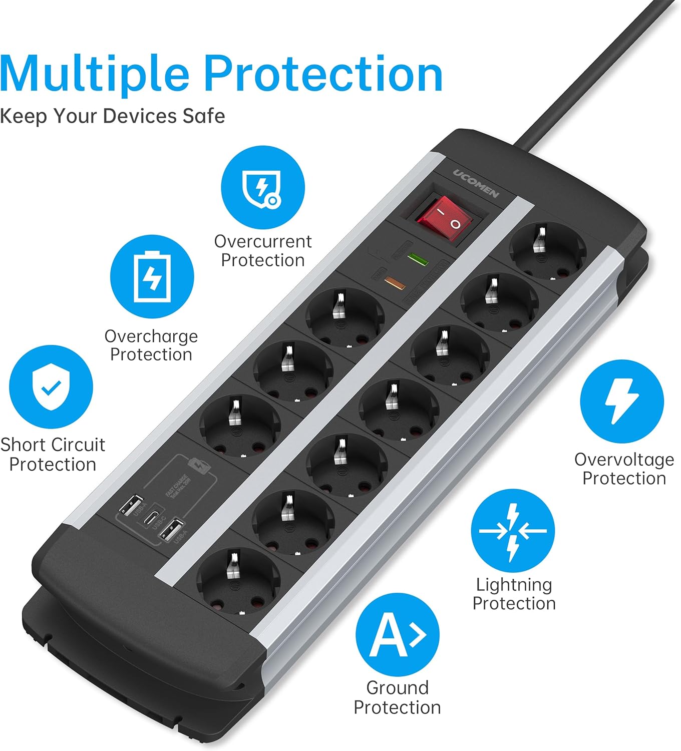 UCOMEN 10 Outlet Heavy Duty Power Strip, 2 USB-A + 1 USB-C Port (20W Quick Charge), Surge Protector, 3680W 16A, 1.5m Cable