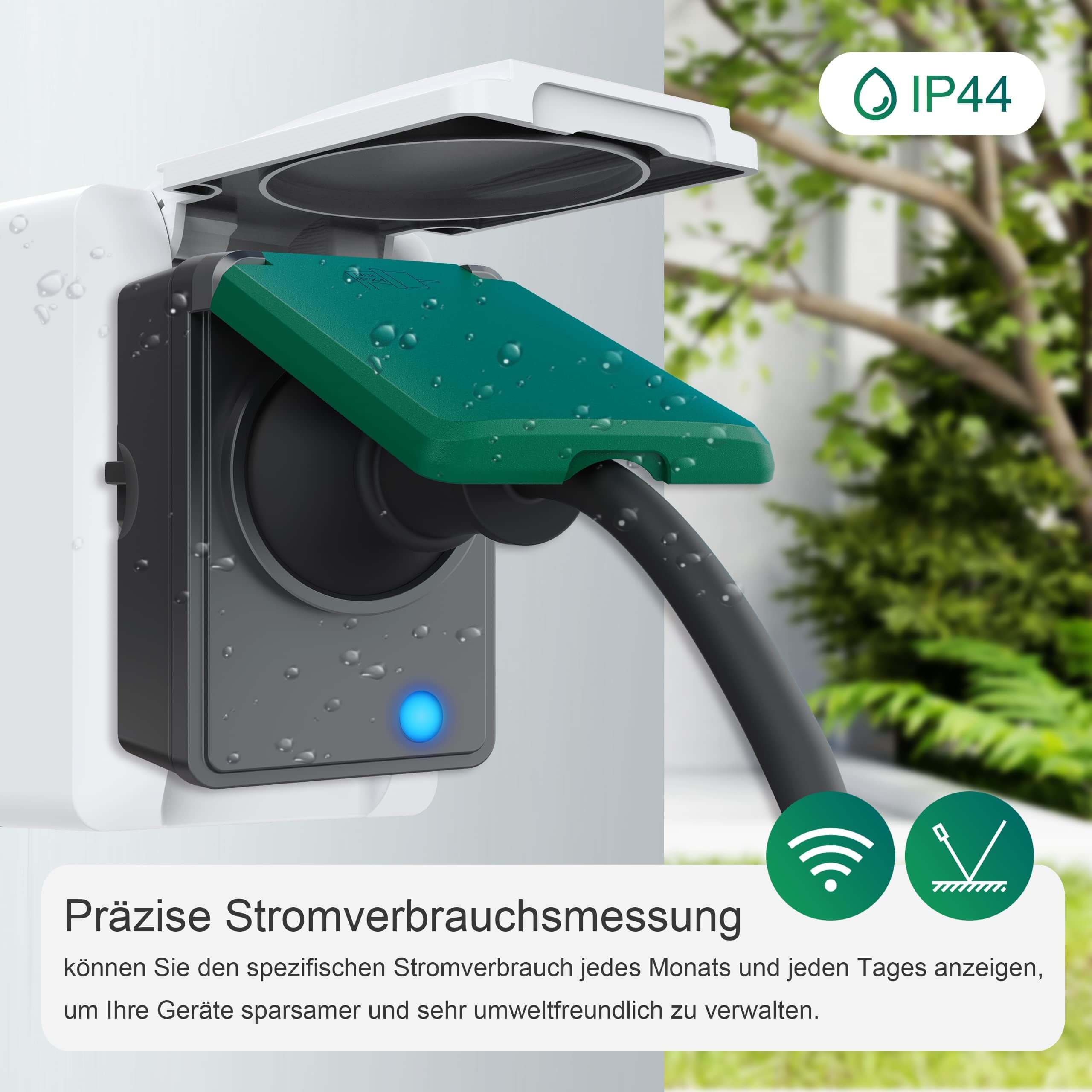 UCOMEN WiFi Smart-Steckdose für den Außenbereich, IP44 wasserfest, Stromüberwachung, kompatibel mit Alexa und Google Home