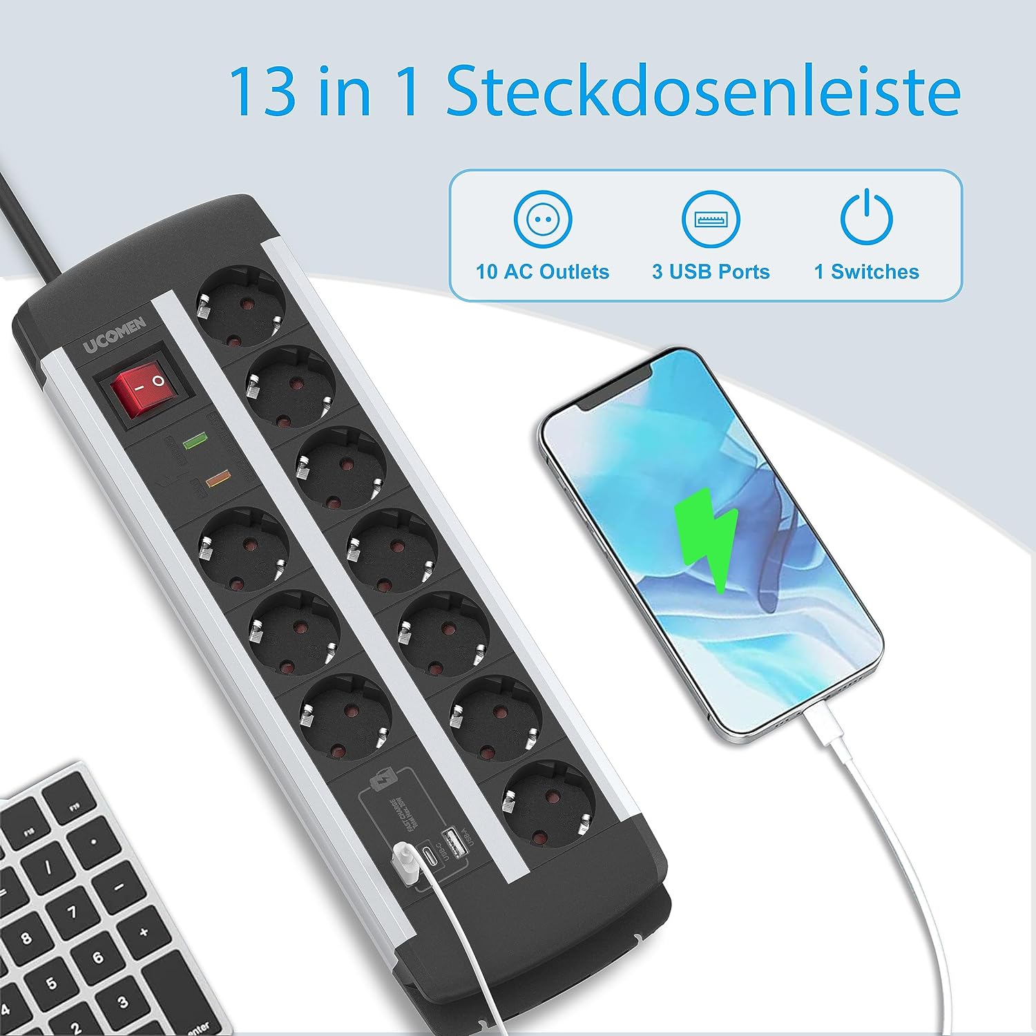 UCOMEN 10 Outlet Heavy Duty Power Strip, 2 USB-A + 1 USB-C Port (20W Quick Charge), Surge Protector, 3680W 16A, 1.5m Cable