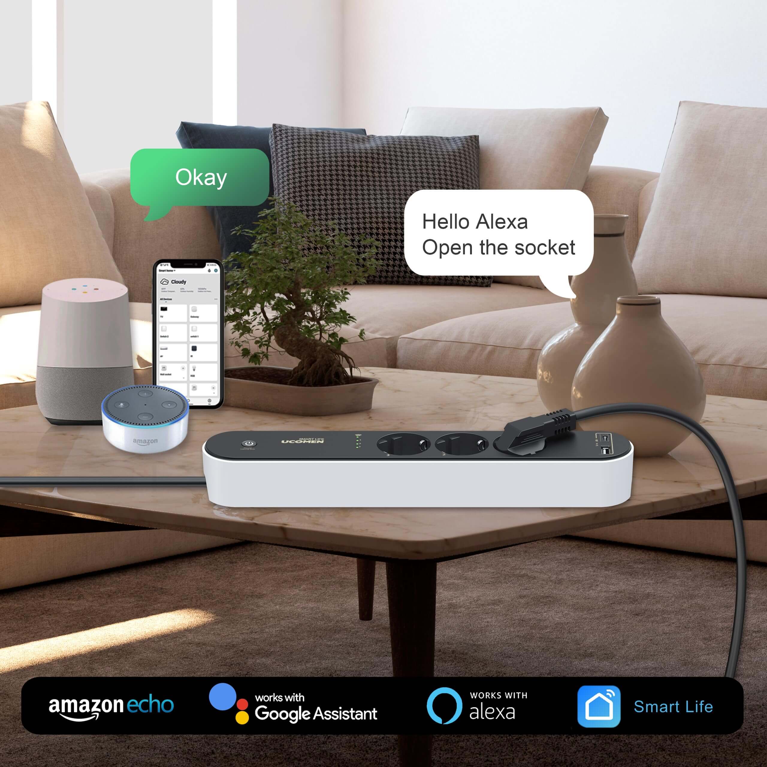 UCOMEN 3-Outlet WiFi Smart Power Strip with USB A+C 17W Fast Charge, 1.5m Cable, 3680W, 16A
