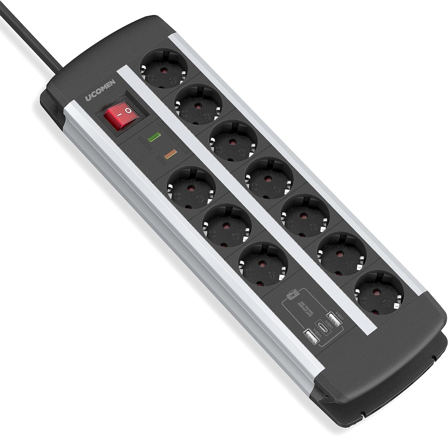 UCOMEN 10 Outlet Heavy Duty Power Strip, 2 USB-A + 1 USB-C Port (20W Quick Charge), Surge Protector, 3680W 16A, 1.5m Cable