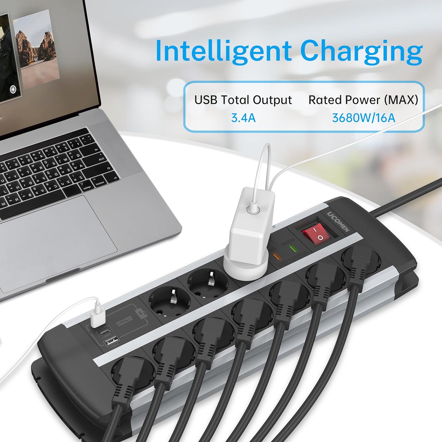 UCOMEN 10 Outlet Heavy Duty Power Strip, 2 USB-A + 1 USB-C Port (20W Quick Charge), Surge Protector, 3680W 16A, 1.5m Cable