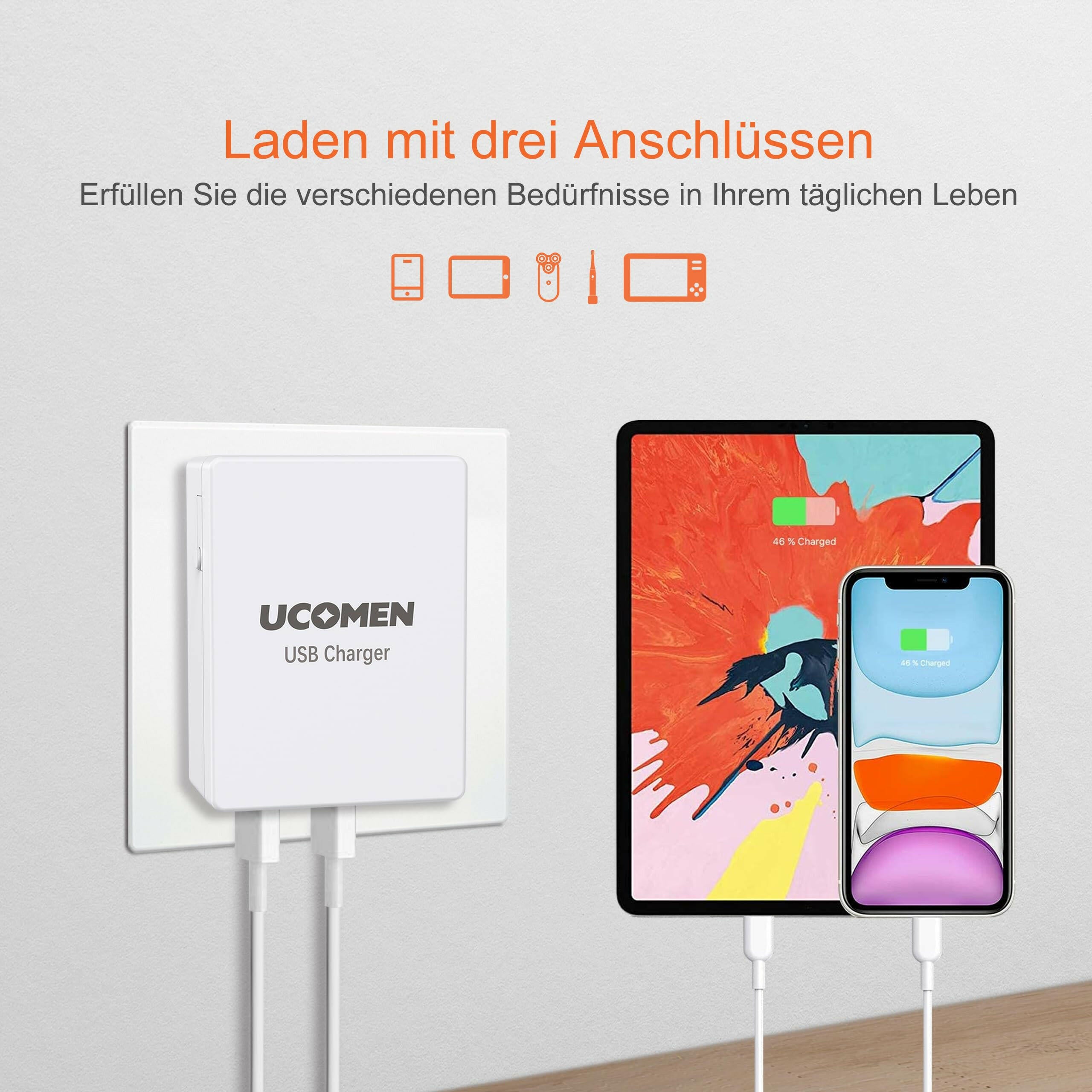 UCOMEN Ladeadapter 3,4 A USB 3 Anschlüsse + 1 Steckdose mit USB 2,1 A 2 Anschlüsse – 2er-Pack