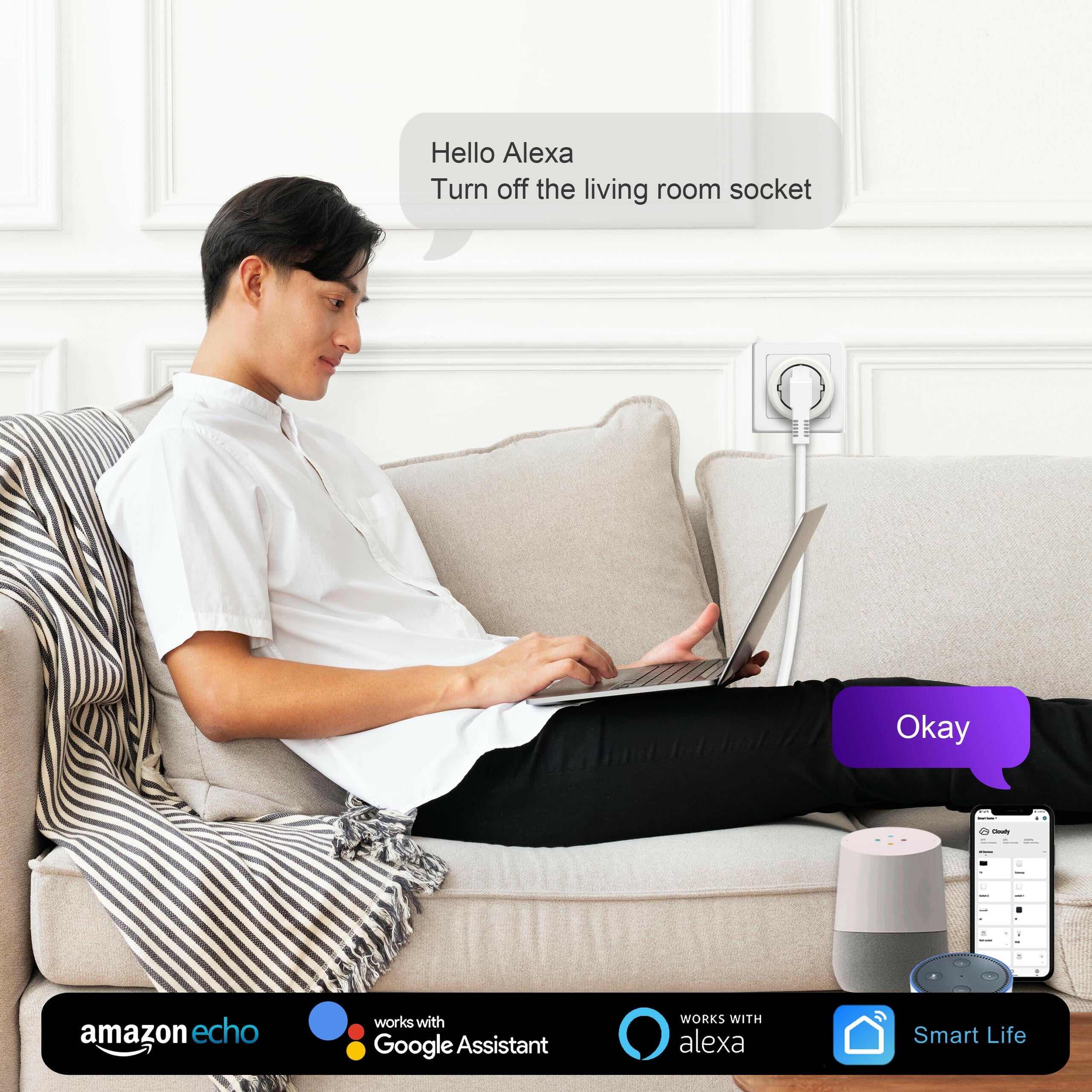 UCOMEN Smart WiFi Socket, Mini Plug with Voice Control, Timer, Compatible with Alexa, Google Home, Smart Life APP, 2.4GHz, 1/2/4 Pack