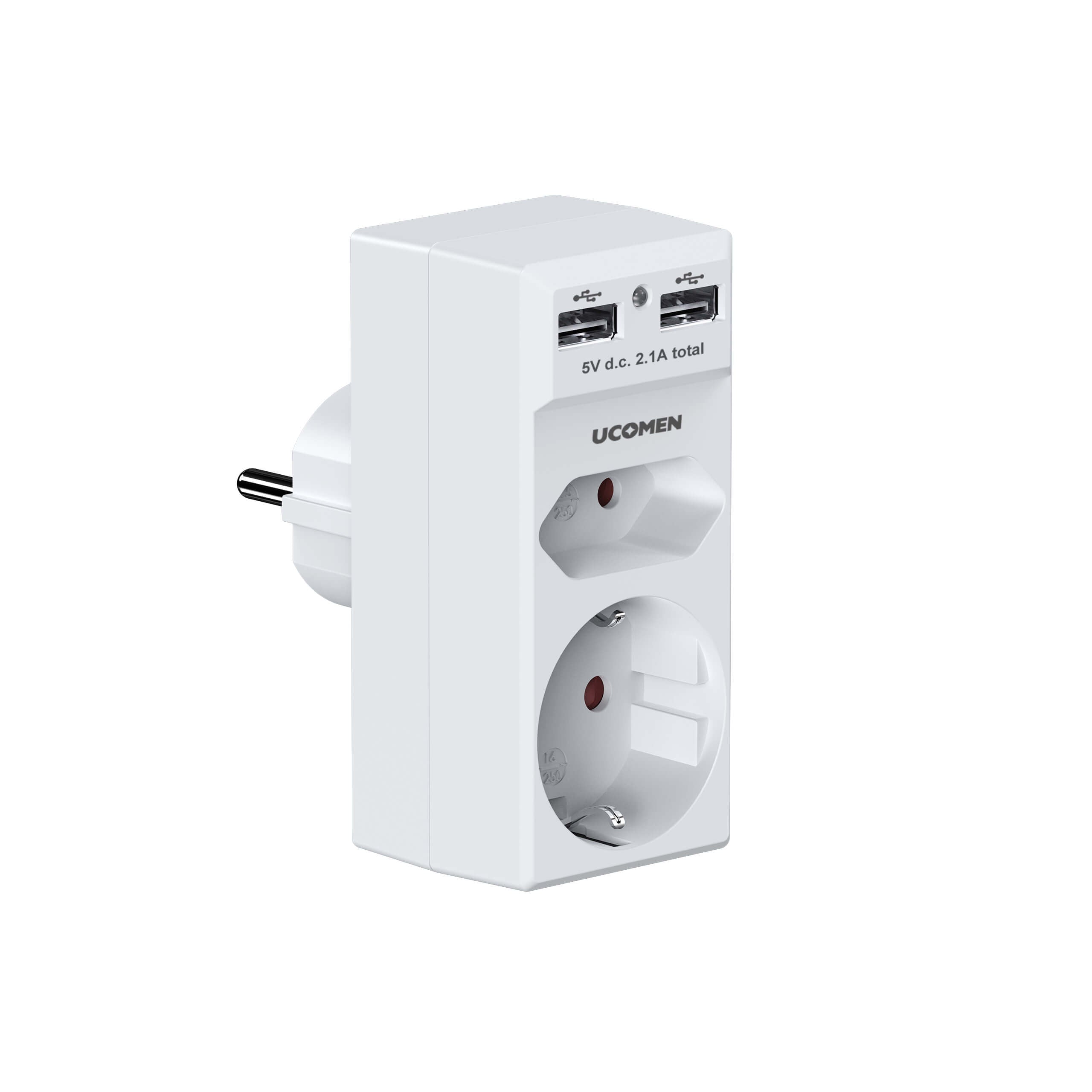 UCOMEN 4-in-1-Steckdosenadapter mit zwei 5-V-2,4-A-USB-Anschlüssen, Haushaltsgeräte, 16 A, 3680 W, weiß
