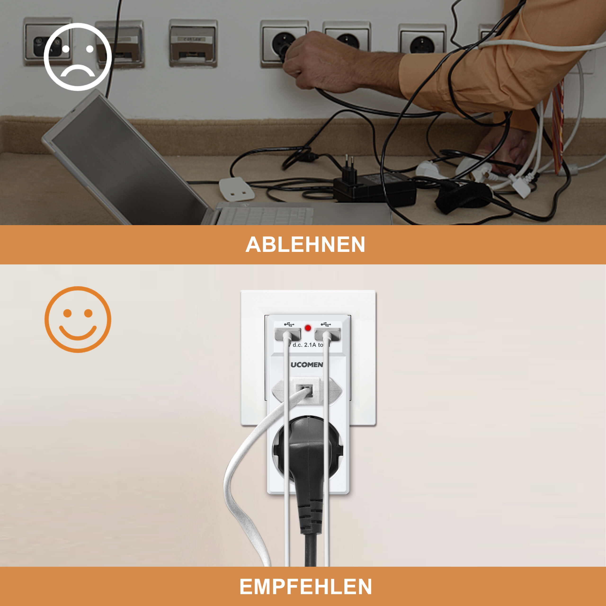 UCOMEN 4-in-1-Steckdosenadapter mit zwei 5-V-2,4-A-USB-Anschlüssen, Haushaltsgeräte, 16 A, 3680 W, weiß