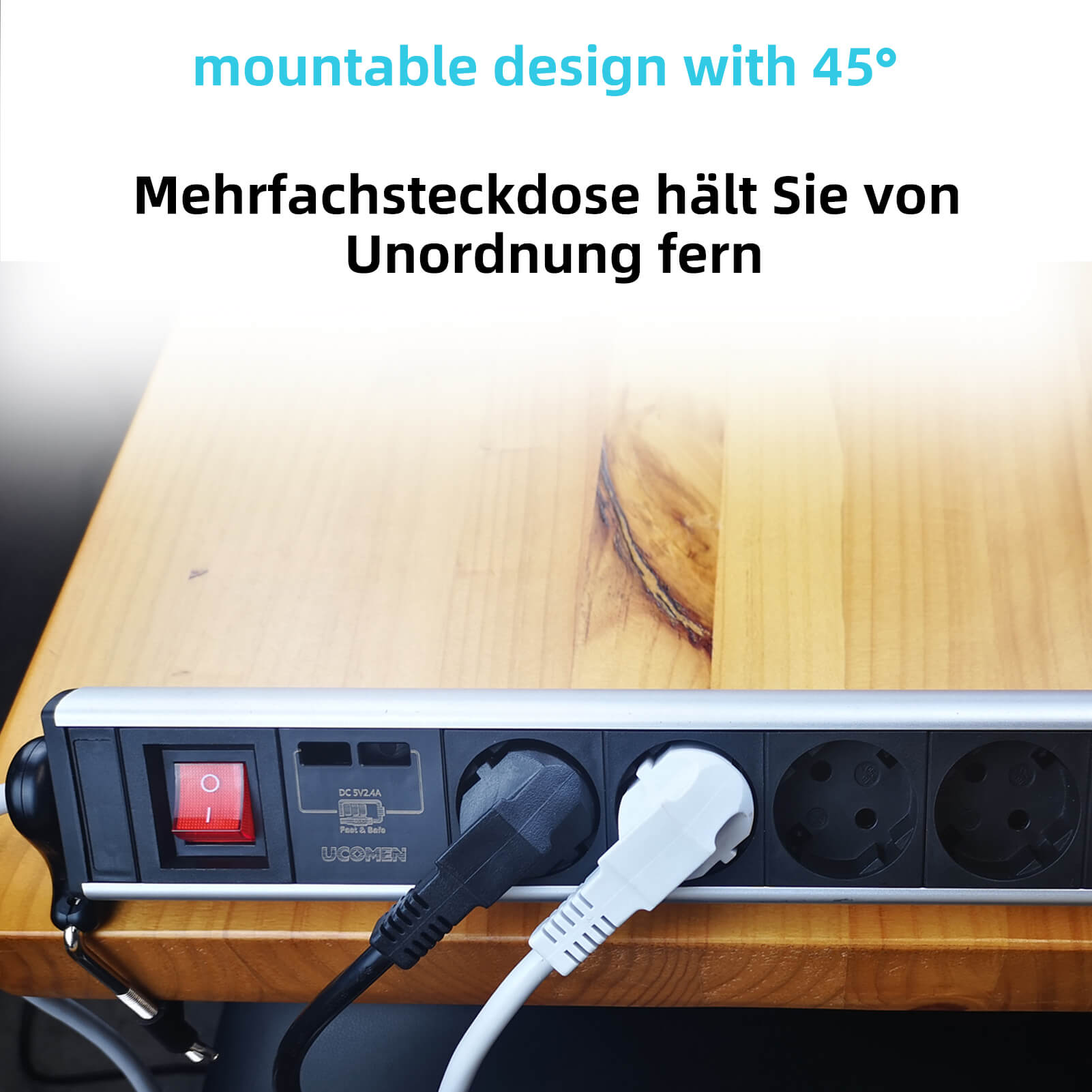 UCOMEN Steckdosenleiste mit 4 Steckdosen, 2 USB-A, Befestigungsklemmen für sichere Schreibtischinstallation, Zuhause und Büro, 16 A, 3680 W 