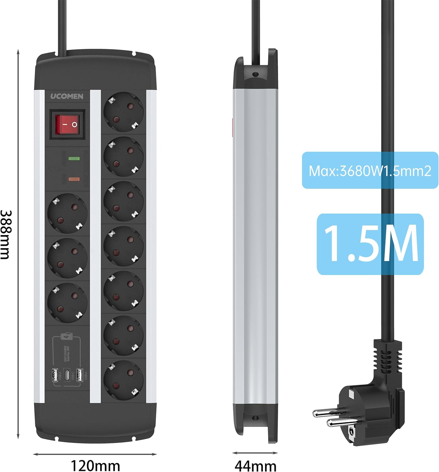 UCOMEN Hochleistungs-Steckdosenleiste mit 10 Steckdosen, 2 USB-A- und 1 USB-C-Anschluss (20 W Schnellladung), Überspannungsschutz, 3680 W, 16 A, 1,5 m Kabel