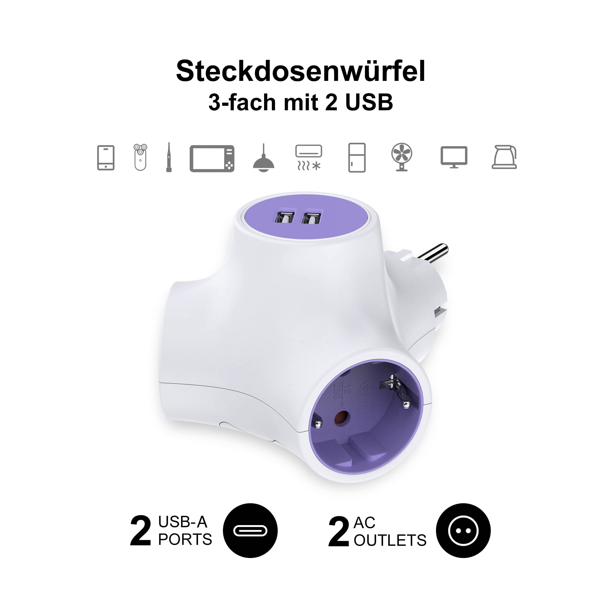 UCOMEN Modular Power Cube, Überspannungsschutz/ USB-A-Anschluss/ Einzelschalter/ Zusätzliche Steckdose, 1,5 m Kabel, 16 A/3680 W 