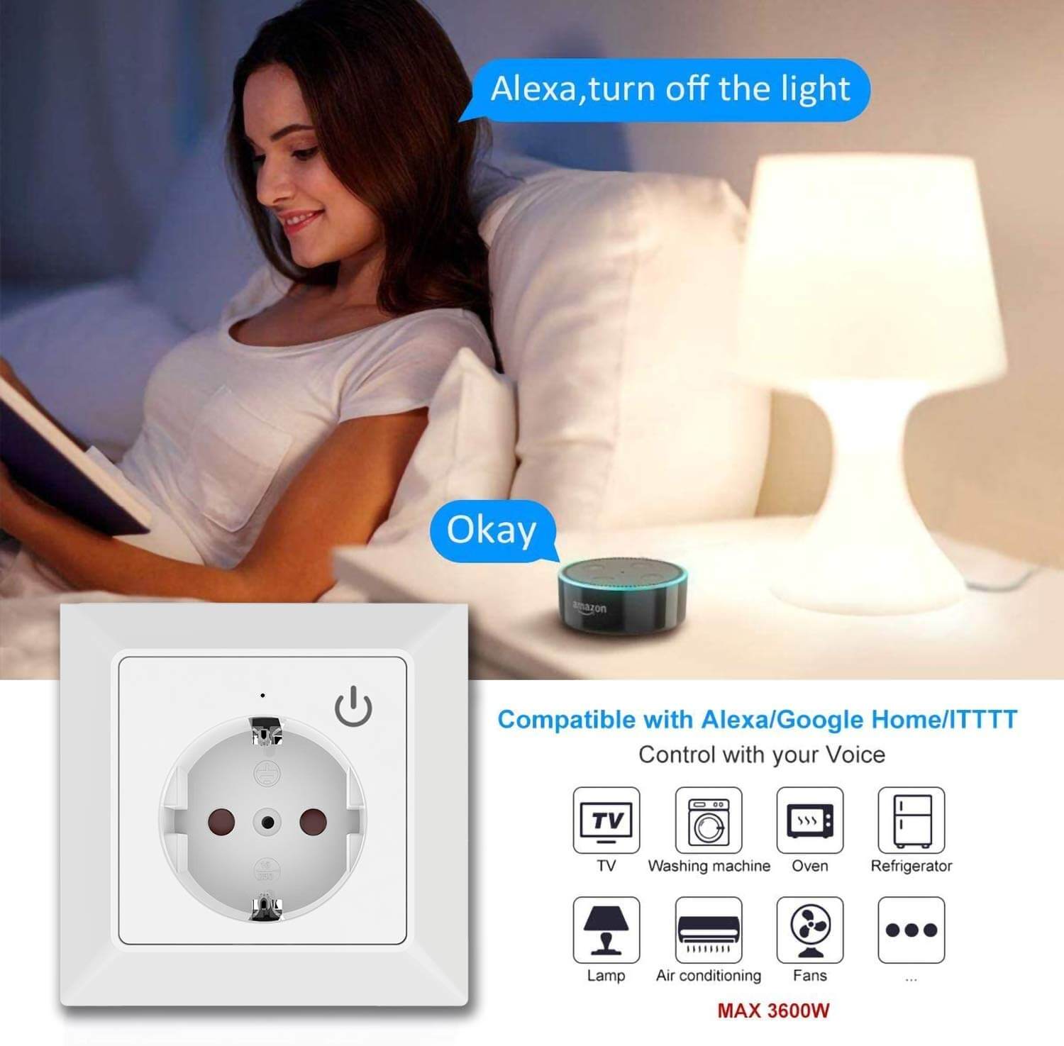 UCOMEN Wi-Fi Smart Schuko Socket Flush-Mounted, 250V~ 16A, Compatible with Alexa Echo and Google Home - 2-Pack